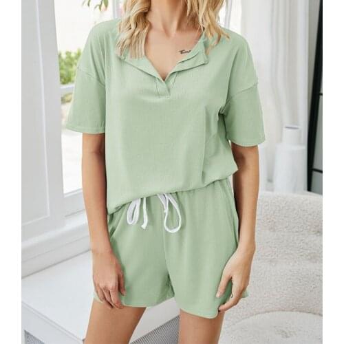 Women Half Sleeve T-Shirt Top Shorts Homewear Two Pieces Suit Leisure Shorts Bottom Two Piece Sets Outfit Lace Up Summer V-Neck