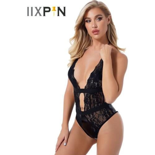 Womens Patent Leather Patchwork Catsuit Plunging Neckline Halter High Cut Bodysuit See-through Lace Lace-up Leotard Jumpsuit