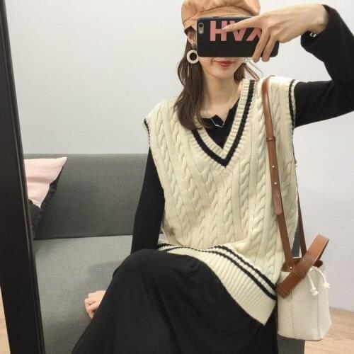 Autumn Winter New Patchwork V-neck Sweater Vest Female Student Korean Style Loose Sleeveless Mid-length Vest Knitwear Girl