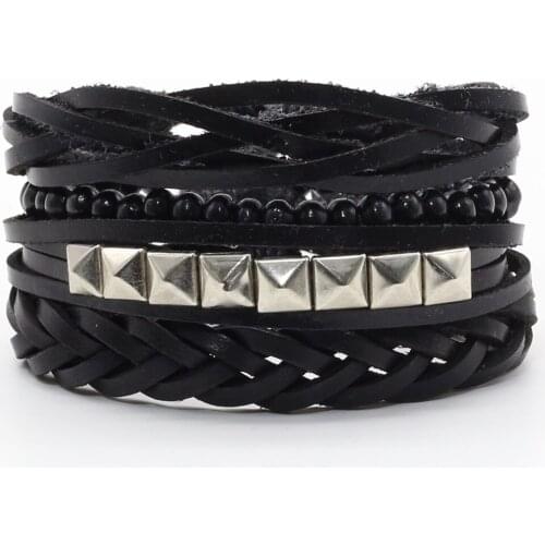 Black Rivet Wood Beads Kahaki Fashion Boho Evil Eye Woven Men Leather Bracelets Women Vintage Bangle Male Jewelry Accessories