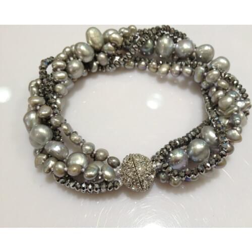 Grey Freshwater Pearl Bracelets Cultured Real Pearls With Crystal Multilayer Twist Bracelet Natural Free Shipping Trending