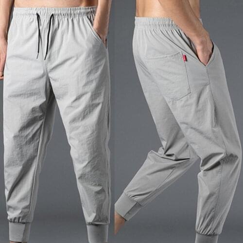 Straight Men Pants Breathable Casual Trousers Hip-Hop Streetwear Summer Ankle-Length Elastic Waist Pants Sweatpants Streetwear