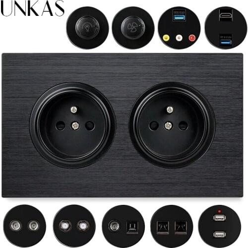UNKAS Dual French Aluminum Panel Socket+ HDMI-Compatible USB Jack TV RJ11 Telephone RJ45 Internet Dimmer Fan Regulator Switch
