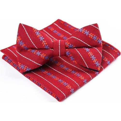 GUSLESON Fashion Cotton Self Bow Tie And Handkerchief Set for Men Striped Print Bow Tie Set For Wedding Business Gift