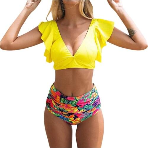 TELOTUNY Floral Ruffled Hem Bikini Set Women Flora V-neck High-waisted Two Piece Swimwear 2021 Girl Beach Bathing Suit Biquinis