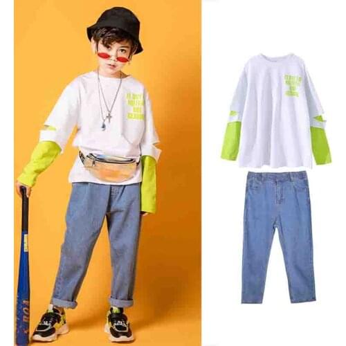 Jazz Clothing for Girls Kids Green White Fake Two-piece Suit Boys Ballroom Street Dance Wear Hip Hop Costume for Children XS1477