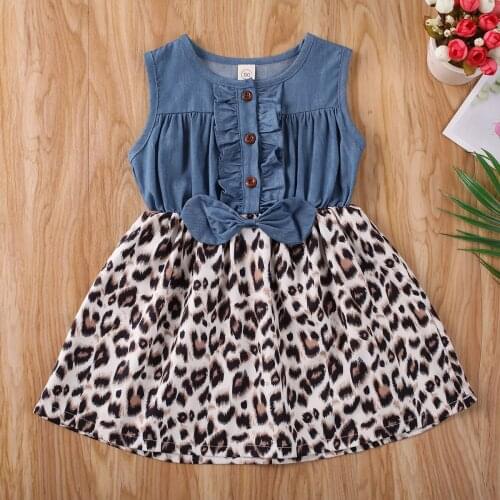 Summer Toddler Kids Baby Girl Sleeveless Clothes Leopard Print Dress Princess Party Button Patchwork Dresses