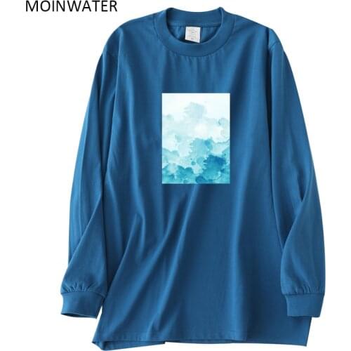 MOINWATER 2021 New Autumn Long Sleeve T-shirts for Women Thick Cotton Fabric Lady Blue Tees Tops with Printed MLT2113