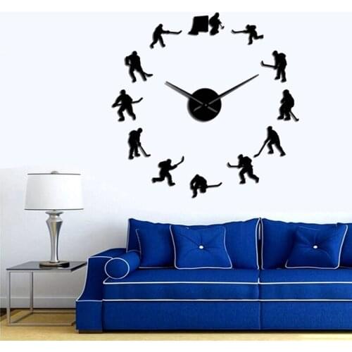 Hockey Wall Table DIY Big Ice Hockey Players Silhouette Mirror Adhesive Paper Home Decorative Wall Men Gift Wall Clock Sticker