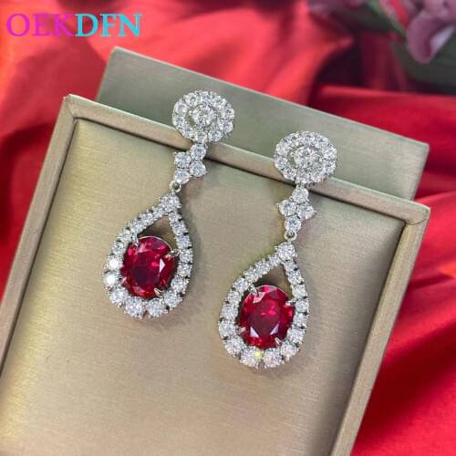OEKDFN 100% 925 Sterling Silver Drop Earrings For Women Luxury Ruby Gemstone Engagement Weddding Fine Jewelry Dangle Earrings