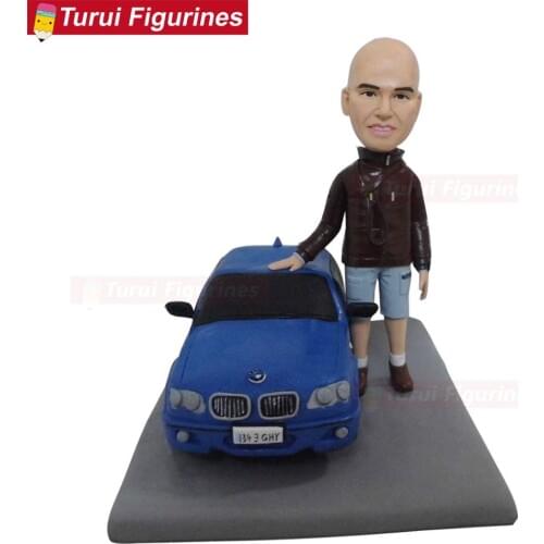 Ooak custom figurines cake topper birthday with car mini statue sculpture handmade polymer clay doll figure
