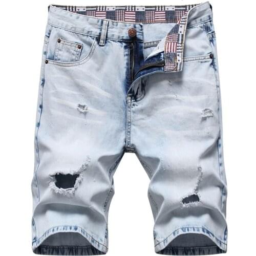Casual Denim Shorts Men Elasticity Slim Ripped Hole Jeans Short Male Breathable Stretch Mens Hole Pants