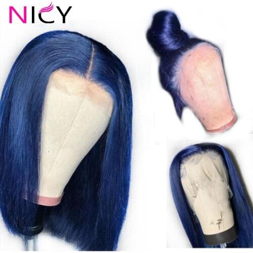 Dark Blue Human Hair Wig Straight 13x4 Lace Front Human Hair Wigs Color Blue Short BOb Wigs For Women Pre Plucked Wig
