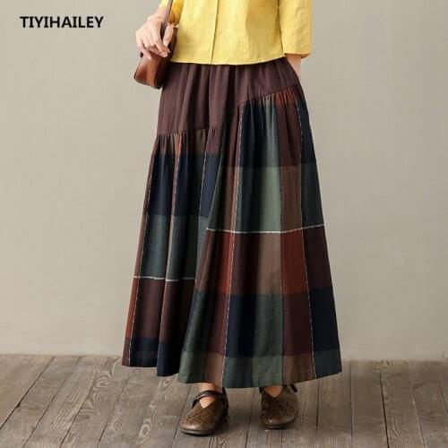TIYIHAILEY Free Shipping 2020 New Vintage Long Maxi A-line Skirts Women Elastic Waist Spring Summer Linen Blue Print Skirts