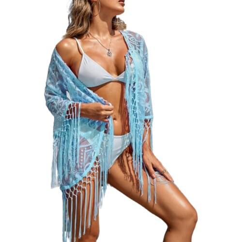 Women Casual Cover-Ups Outfits Female Summer Beach Blouse with Tassels Solid Half Sleeve Loose Cover Up Swimwear