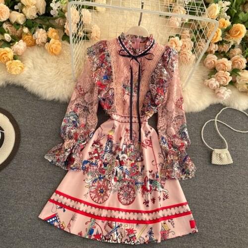 Womens Spring Autumn Runway Fashion Vintage Lace Embroidery Dress Female Travel Chic Party Dress TB1779