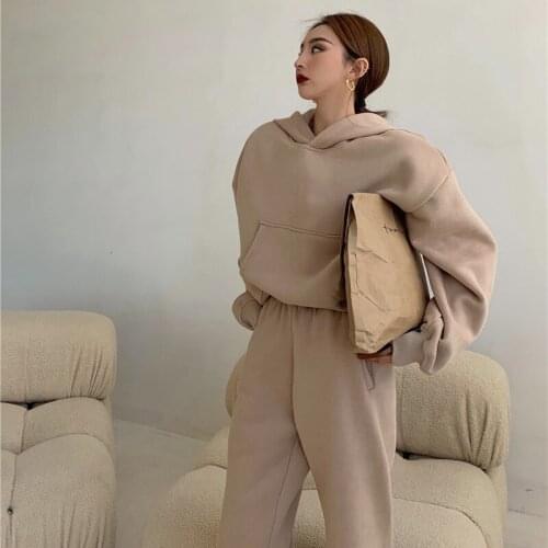 Women 2021 New Fall Warm Thick 2 Piece Tracksuits Loose Oversized Hoodies Top&High Waist Wid Leg Pants Sets Outfits 2Pc Suits