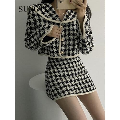 Sungtin Vintage Houndstooth Two Piece Set Women Tweed Mini Bodycon Skirt Suits Lady Elegant Cropped Jacket Plaid Set Korean Chic