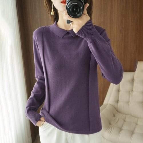 Spring and Autumn New Sweater Womens Doll Collar Womens Pullover Long Sleeve T-shirt Knitted Loose Large Size Womens Top