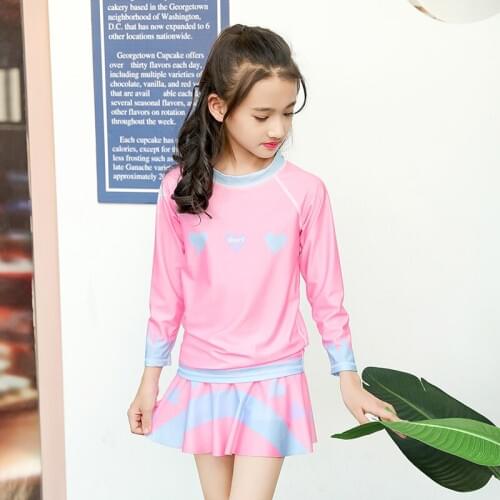 2pc Set Kids Girls Swimsuit UPF 50+ UV Sun Protective Fish Swimwear Long Sleeve Swimming Shirt+Skirt Two Piece Age 2-12 Years