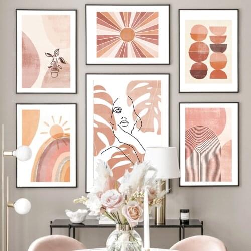 Abstract Sun Rainbow Monstera Leaf Block Wall Art Canvas Painting Nordic Posters And Prints Wall Pictures For Living Room Decor