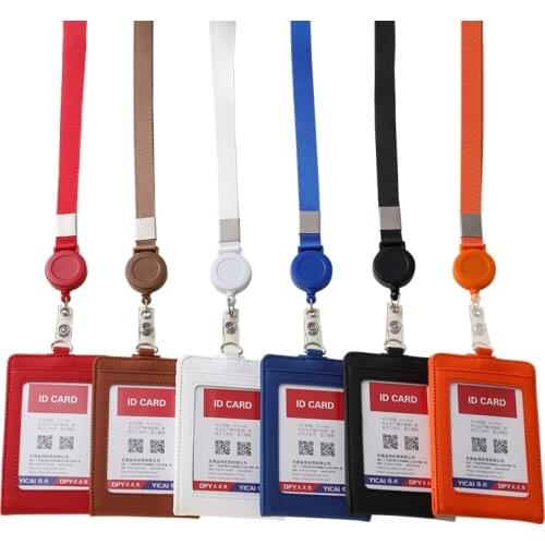 1pc Retractable Badge Lanyard Work Name Business Card Cover Card Holder PU Leather Card Wallet