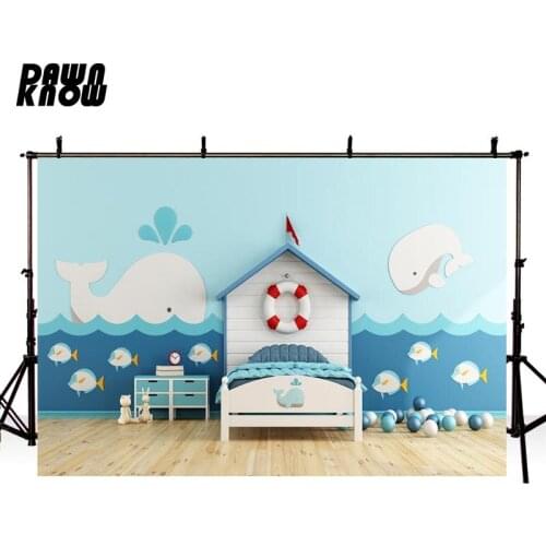 DAWNKNOW Cartoon Delphinus Photography Background Wedding Photocall Blue Wall Photographic Backdrop Photo Studio Children lv2611