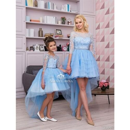Long sleeve royal blue lace mother daughter birthday party dress mom and girls matching a line dresses photography props gowns