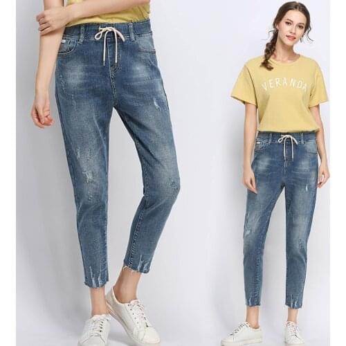 Loose begging denim jeans large size L-6XL 7XL 8XL elastic waist ripped jeans women ninth pants European and American thin