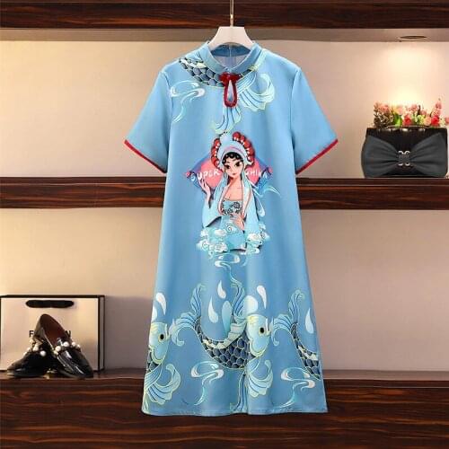 Chinese Elegant Cheongsam Style Dress For Women 2021 Summer Loose Light Blue Comic Cartoon Print Female Vinage Dresses
