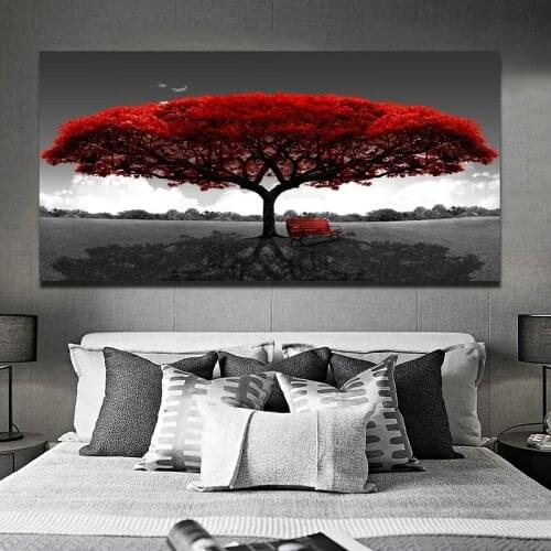 Frondent Tree Posters and Prints Black and Red Plant Bench Wall Art Canvas Painting Flower Landscape Pictures for Home Decor