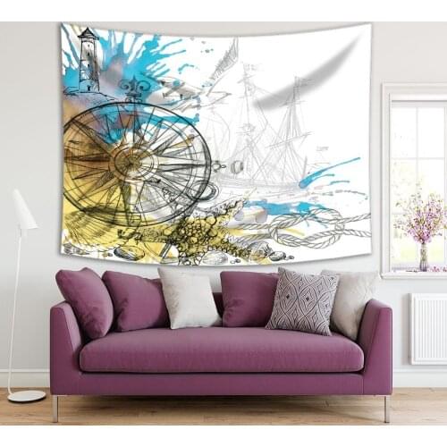 Tapestry Compass Sailing Boat Lighthouse Shell Starfish Rope Paint Splashes Sea Marine Life Theme Blue Yellow