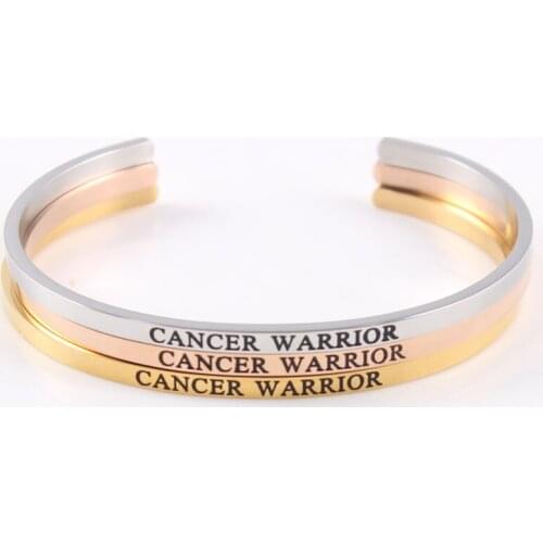 Hot Sale New Fashion Stainless Steel Bangle Open Cuff Women Hand imprint Engraved CANCER WARRIOR Mantra Bracelet Bangle Jewelry