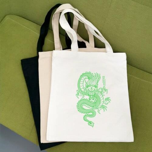 Women Canvas Shoulder Bags Mysterious Pattern Print Handbag Reusable Shopping Bag Students Dragon Hiphop Large Capacity Tote Bag
