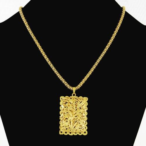 4MM 24K Gold Plating Exquisite Square Pendant Necklace with Popcorn Chain Yellow Gold Color for Men Hiphop Rap Jewelry