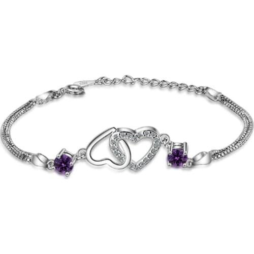 Korean version of the simple sweet fresh purple crystal heart-shaped female models silver plated bracelets JO072