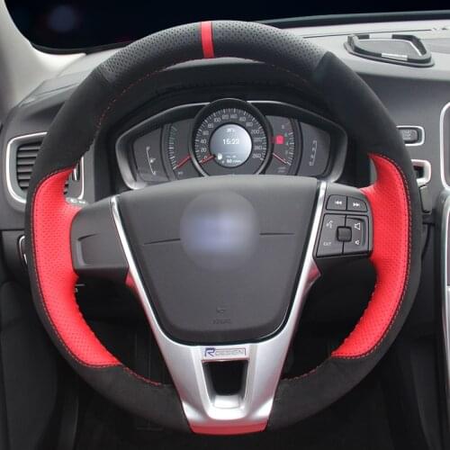 Red leather black suede car steering wheel cover for Volvo S60 V40 V60 V70 2014 XC60