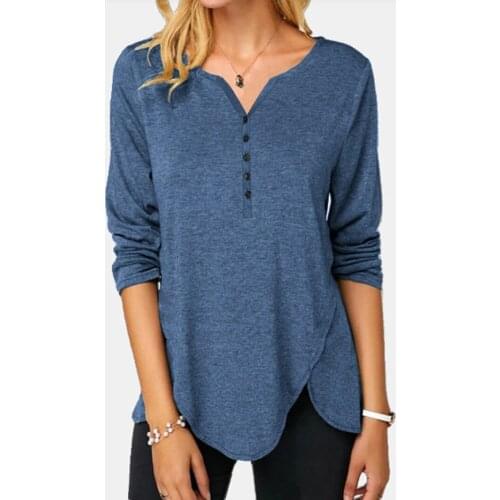 Fashion Women Long Sleeved T Shirt 2021 Spring Solid Color Casual Pullover V Neck Asymmetric Button Oversize Top