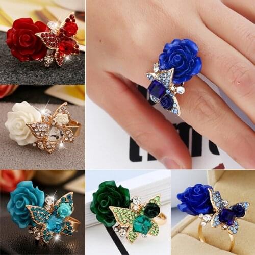 Fashion Jewelry Rings Rose Flower Butterfly With Crystal Rings For Women Adjustable Wedding Finger Rings Party Ring Jewelry