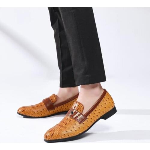 2021 New Design Handmade Men Loafers With Gold Buckle Crocodile Striped Leather Slip-On Mens Dress Shoes for Wedding and Party