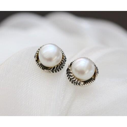 Authentic 925 Sterling Silver Earstuds Inlaid Natural Freshwater Pearl Earring Lady Retro Feather Ethnic Style Jewelry Gift