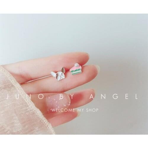New Beautiful Cute Animal Asymmertic Cake Puppy 925 Sterling Silver Jewelry Sweet Pearl Epoxy Popular Stud Earrings SE509