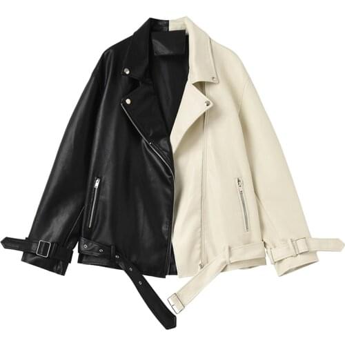 Spring Autumn Women Leather Clothes Color Contrast PU leather Jacket Large Size Coat Locomotive Clothing Medium Outwear 2021