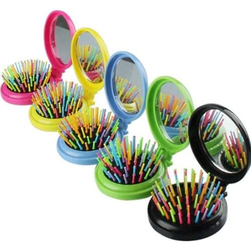 Hair Brush Styling Tool Portable Mini Folding Comb Airbag Massage Round Travel Hair Brush with Mirror