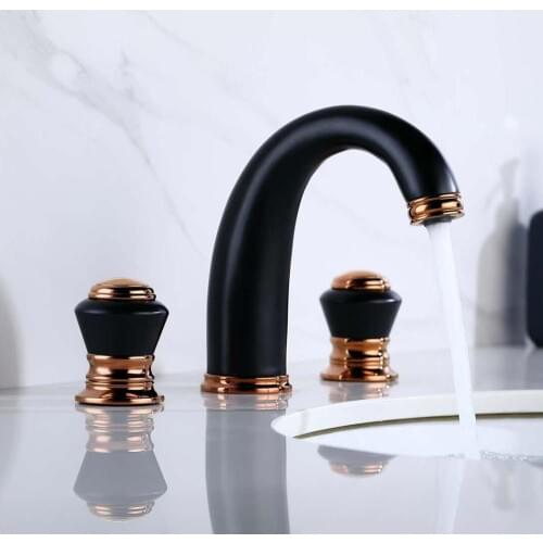 Basin Faucets Black and Rose Gold Brass Jade Deck Mounted Square Bathroom Sink Faucets 3 Hole Double Handle Hot Cold Water Taps