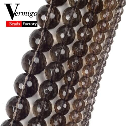Natural Stone Faceted Smoky Quartzs Glass Crystal Beads 6 8 10 12mm Spacer Loose Beads For Jewelry Making Fit For Bracelets 15