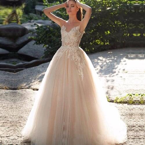 Champagne Tulle Wedding Dresses 2021 Sleeveless Lace Appliques Wedding Gowns Vestido de Noiva Longo Custom Made Sweep Train
