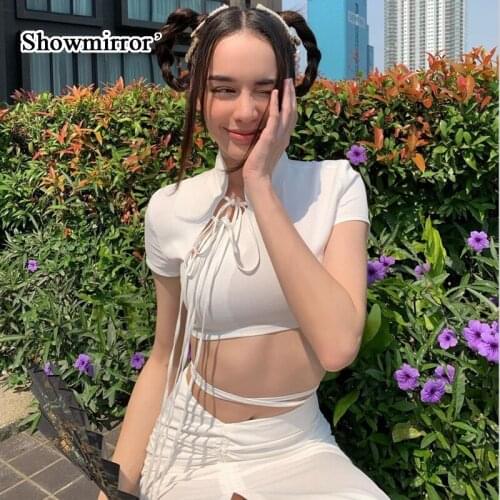 Showmirror Chinese Style Vintage Cropped Tshirt Women Casual White Short Sleeve T Shirt Woman Lace Up Korean Streetwear 33535
