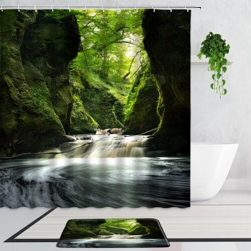 Waterfall Landscape Shower Curtains Green Forest Canyon Cave Creek Water Scenery Bathroom Bath Curtain Set Non-Slip Carpet Mats