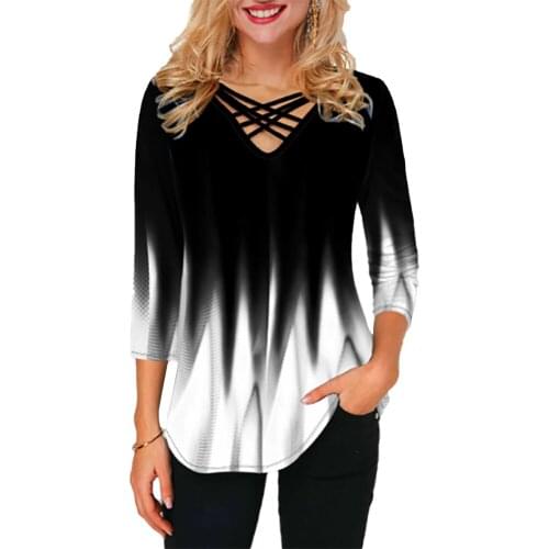 Women 3/4 Sleeve Hollow Out Cross Bandage Basic Tops Two Tone Casual V Neck T shirt Gradient Print Party T-shirt for Female D30